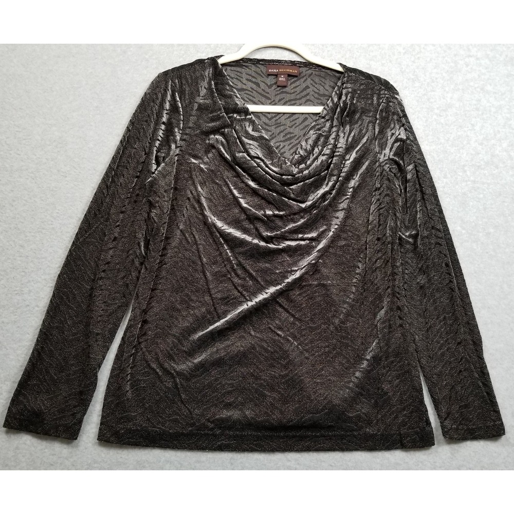 Dana Buchman Top Womens Medium Black Gray Zebra Print Long Sleeve Blouse Stretch
